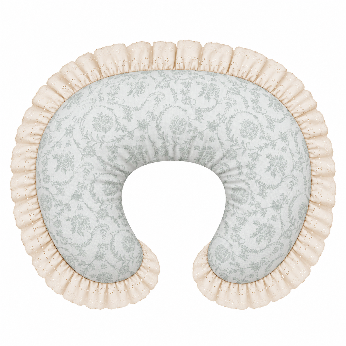 Pale gray floral nursing pillow cover with ivory eyelet ruffle