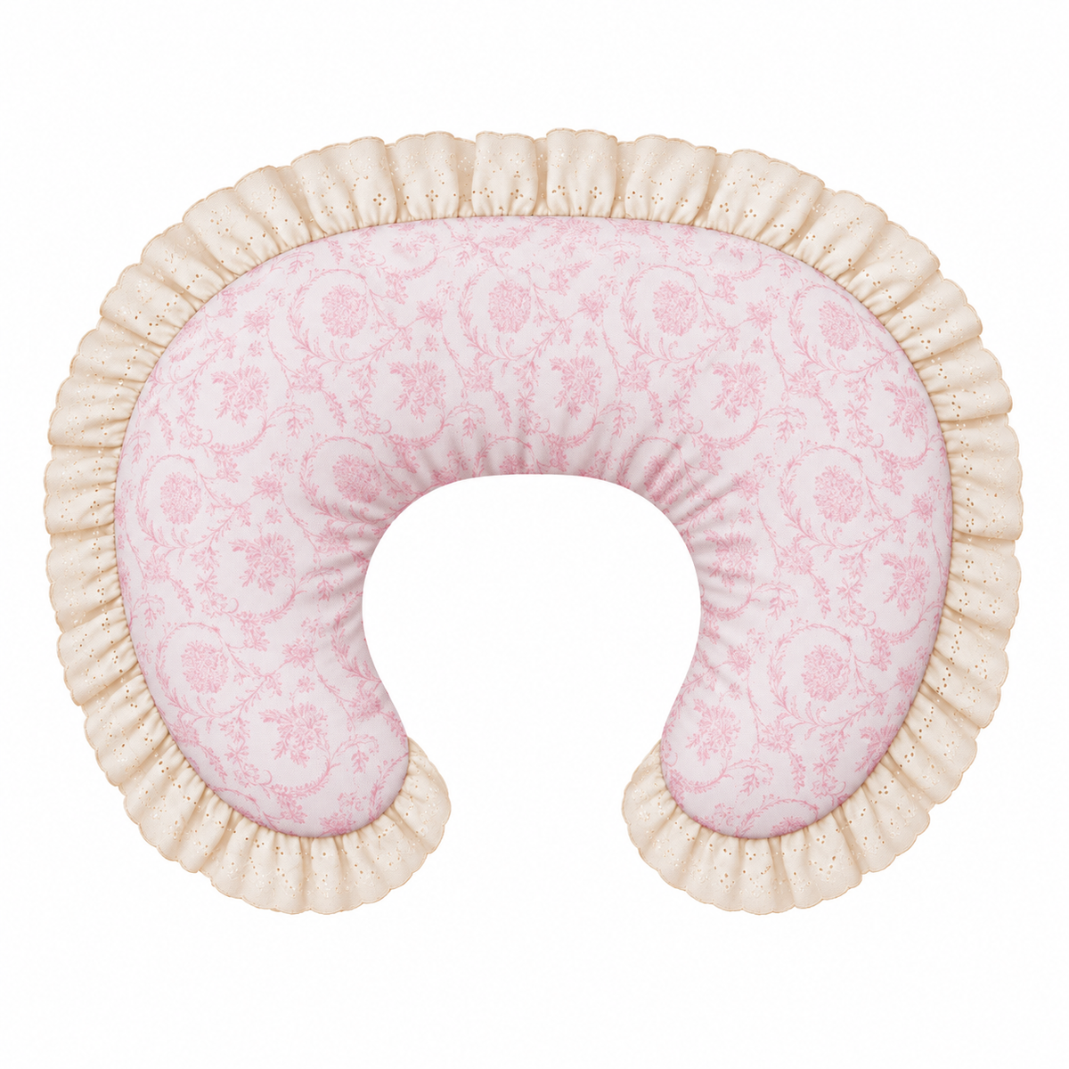 Nursing pillow cover with pink floral print and ivory eyelet lace ruffle