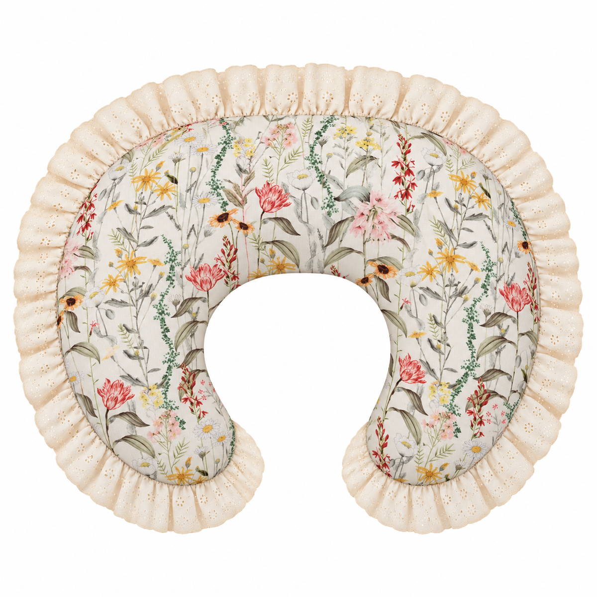 Nursing pillow cover with multicolor floral print and ivory eyelet lace ruffle