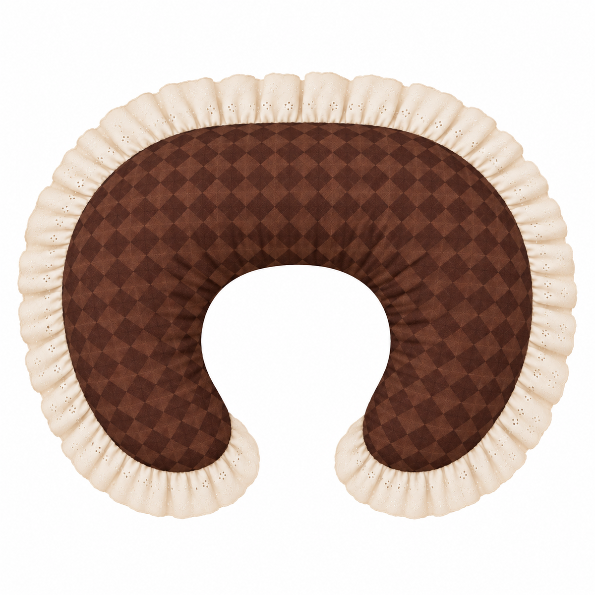 Nursing pillow cover with brown diamond check and ivory eyelet lace ruffle