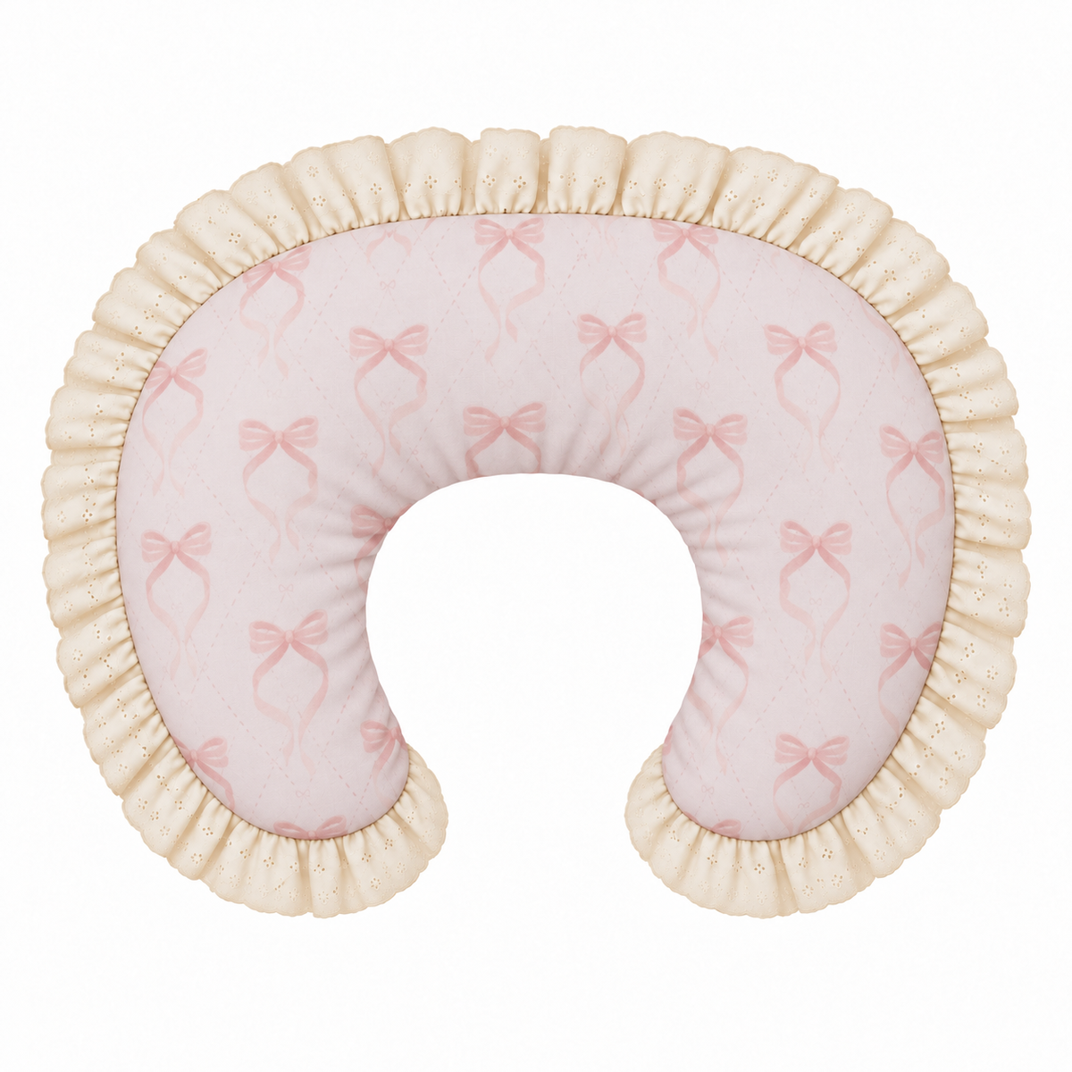 Nursing pillow cover with pink bow print and ivory eyelet lace ruffle
