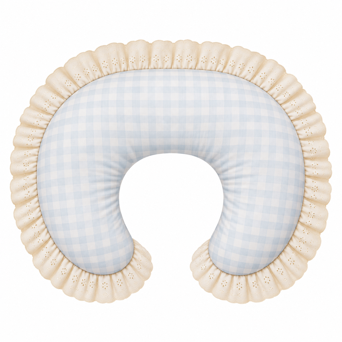 Nursing pillow cover with light blue check print and ivory eyelet lace ruffle