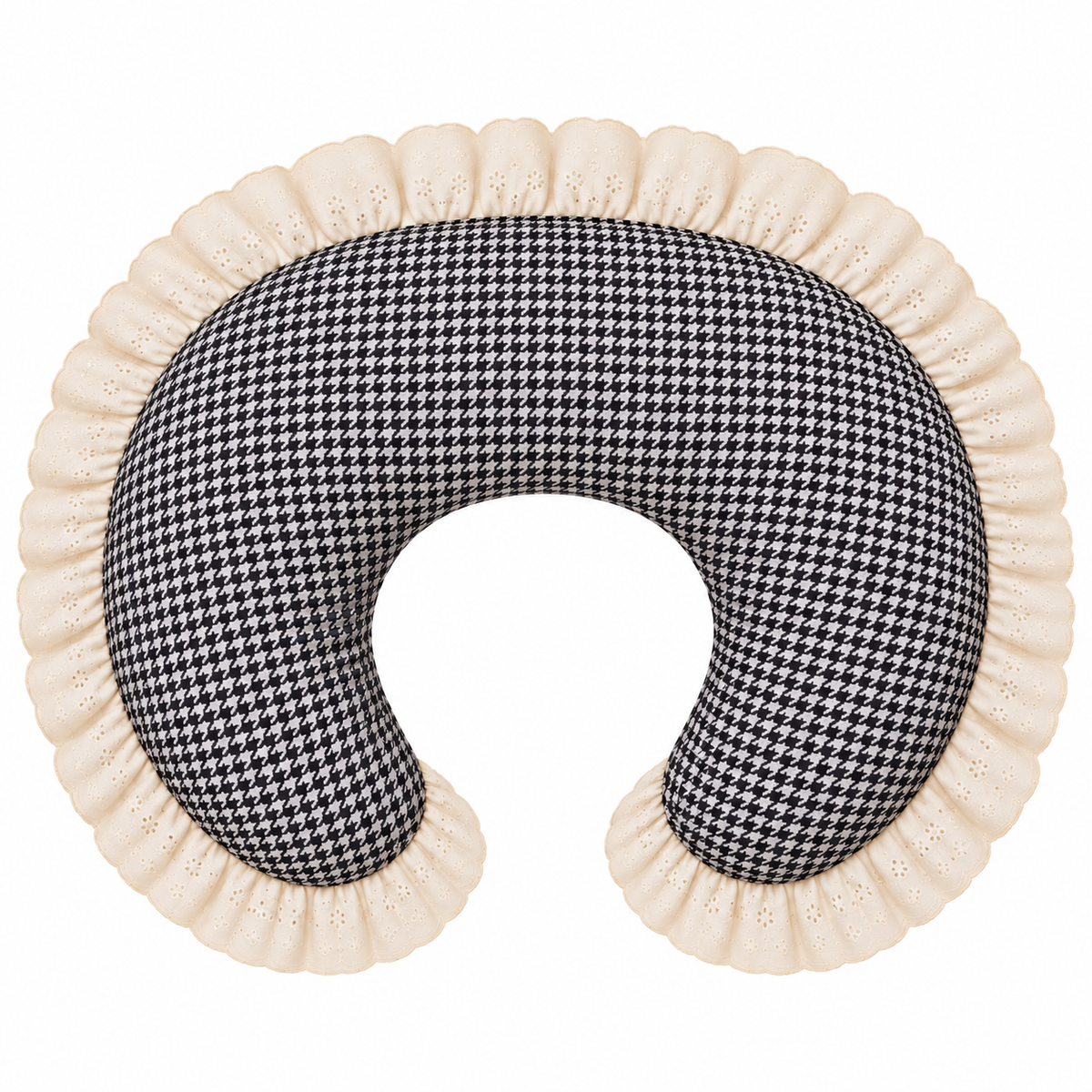 Nursing pillow cover with black and white houndstooth and ivory eyelet lace ruffle