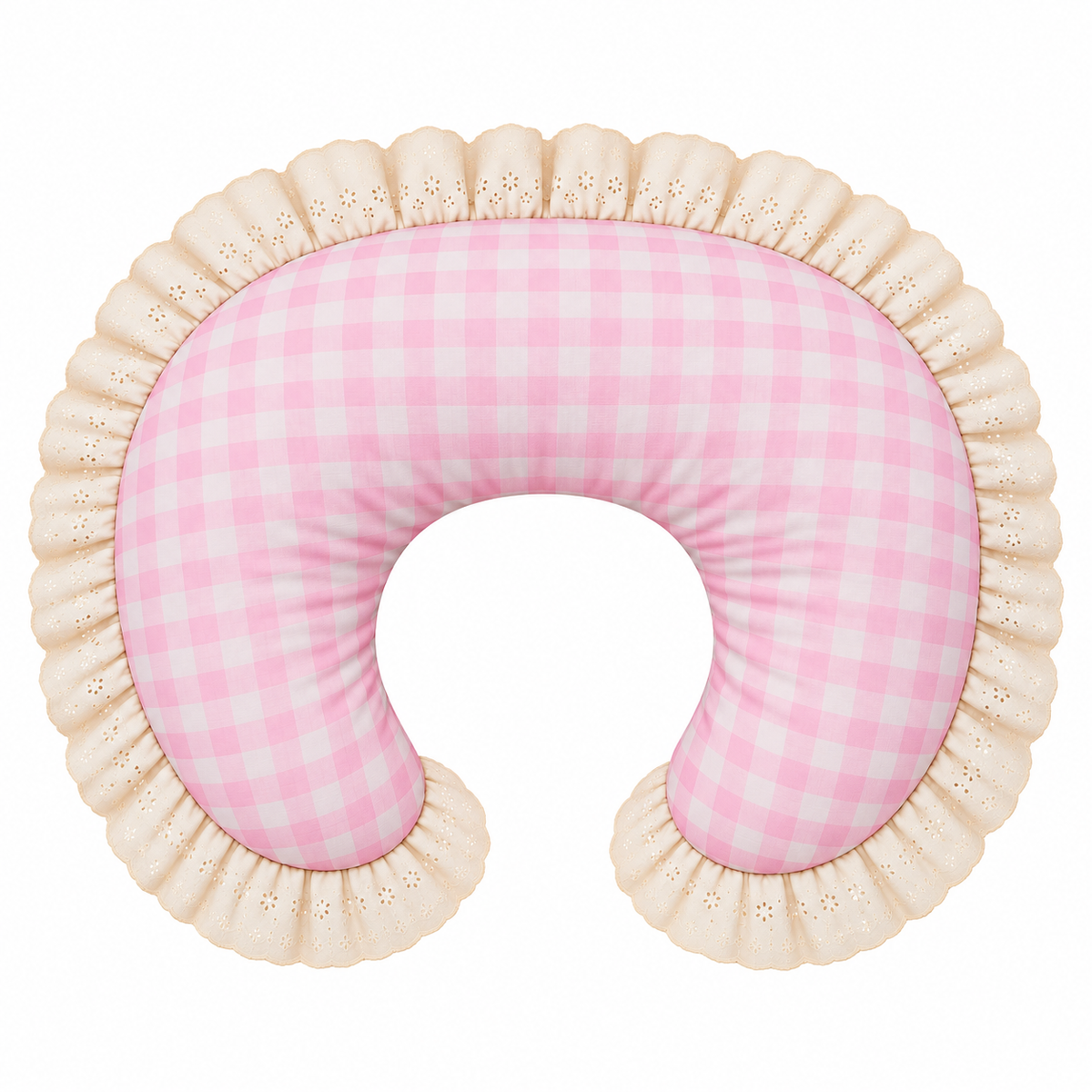 Nursing pillow cover with pink check print and ivory eyelet lace ruffle