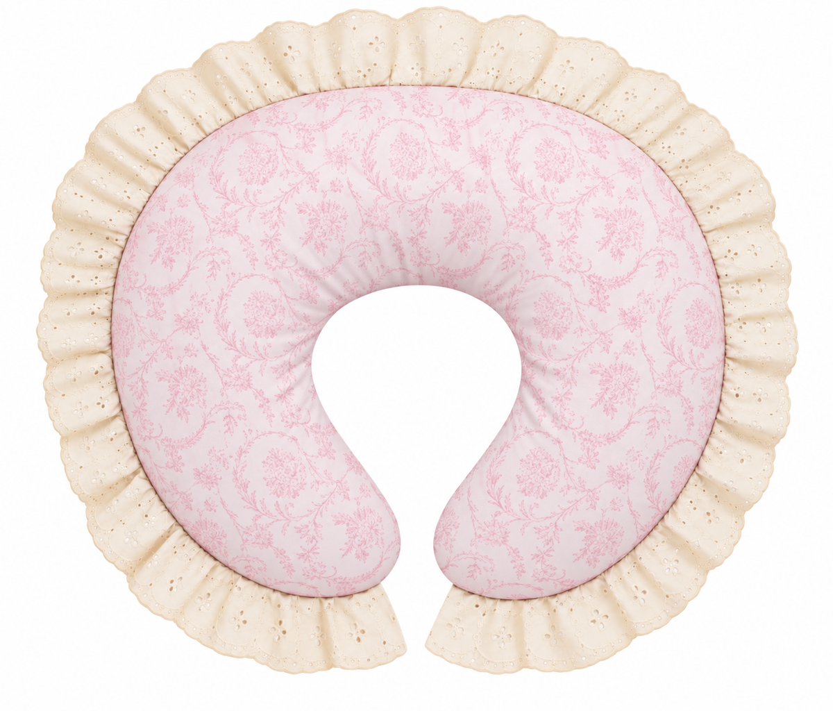 Nursing pillow cover with ivory eyelet lace ruffle and pale pink floral center