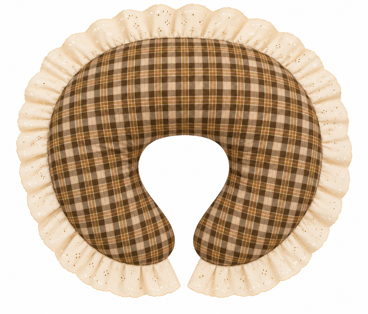 Nursing pillow cover with ivory eyelet lace ruffle and brown plaid center