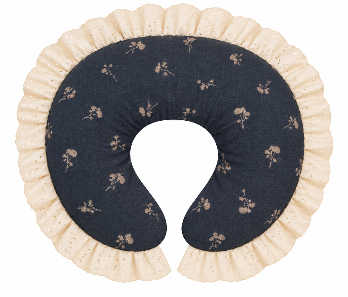 Nursing pillow cover with ivory eyelet lace ruffle and dark blue floral center