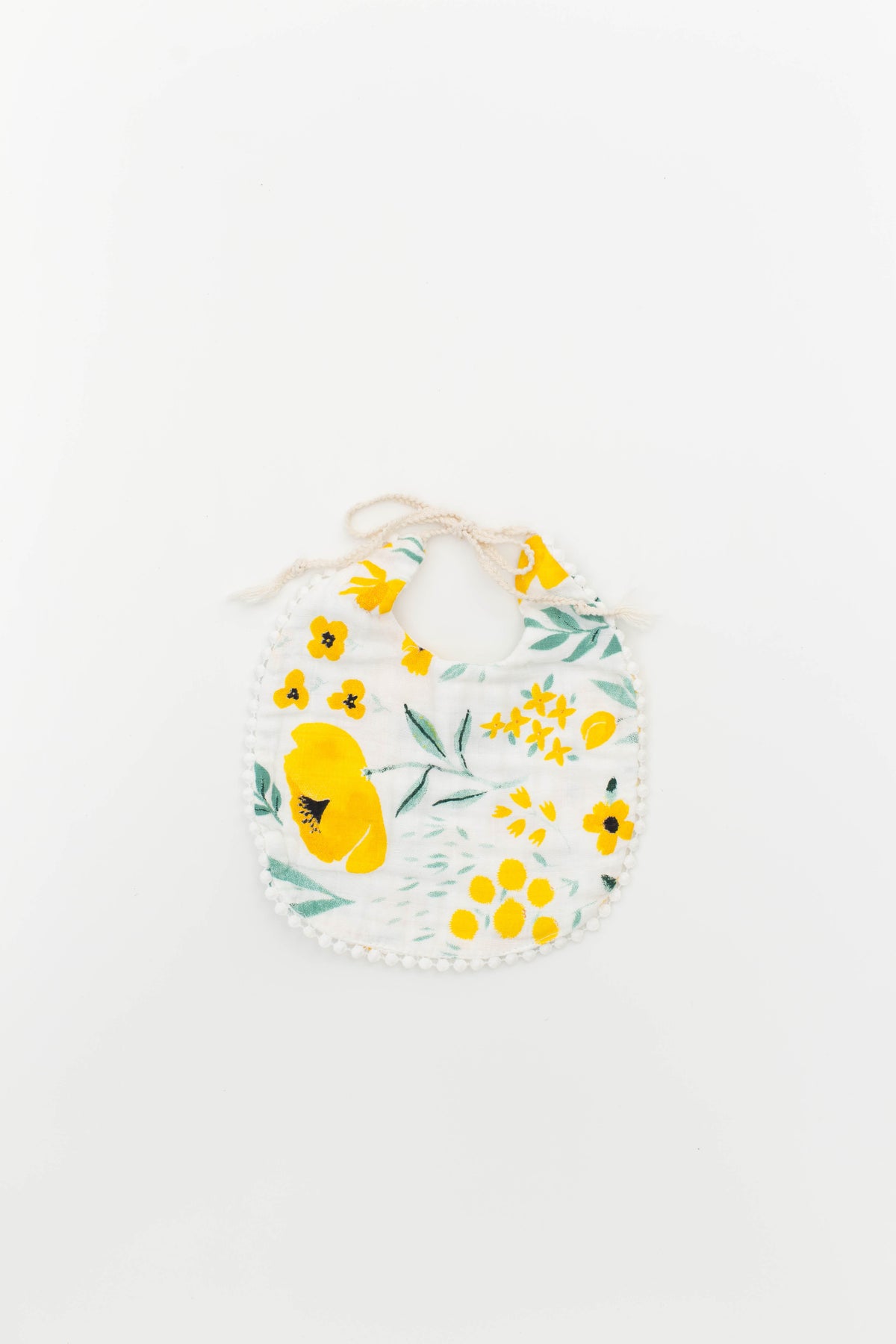 Single baby bib with yellow floral and butterfly motifs, white scalloped edging