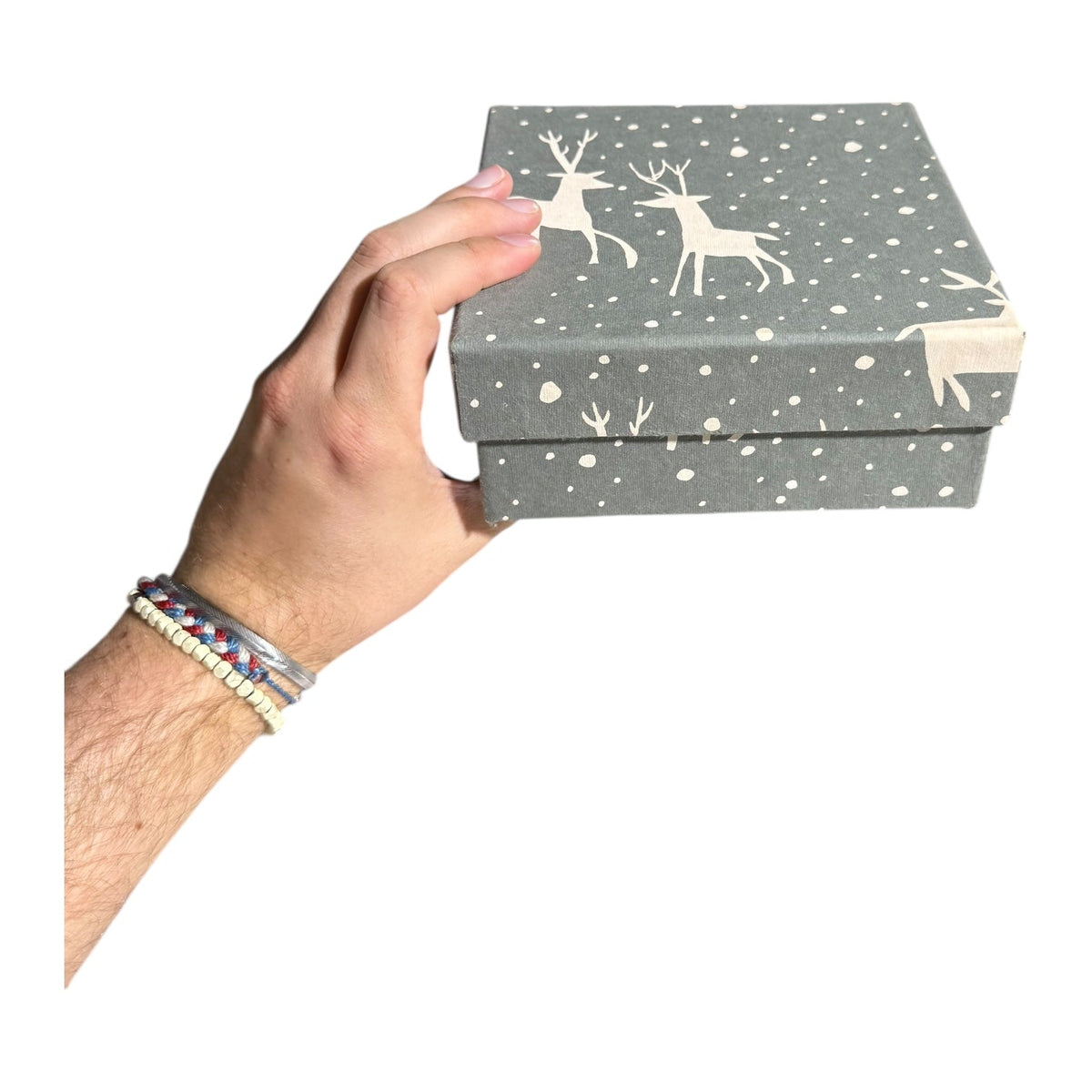 Square gift box with dark gray base and white deer icons with dotted accents