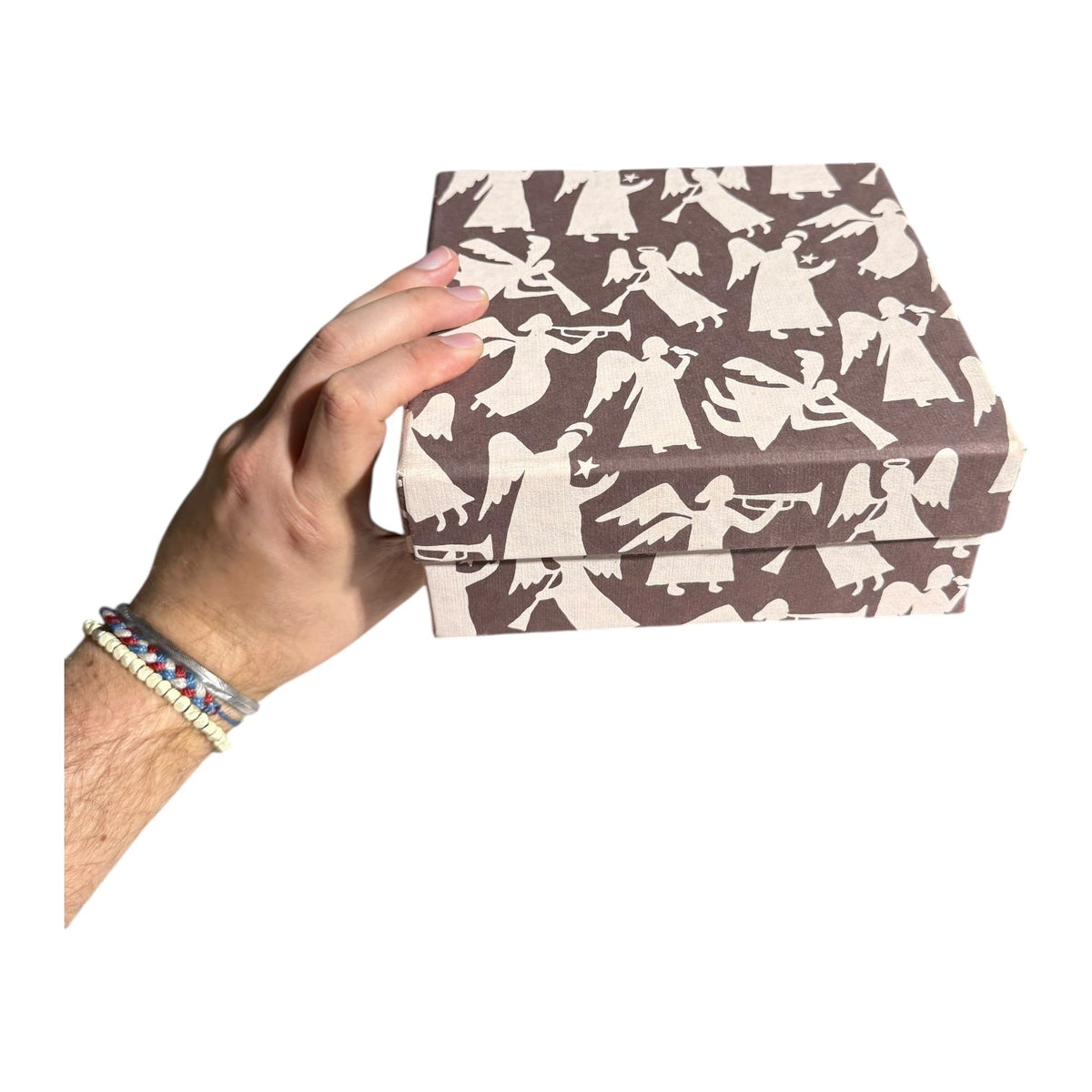Square gift box with tan and dark brown holiday animal silhouettes on all sides