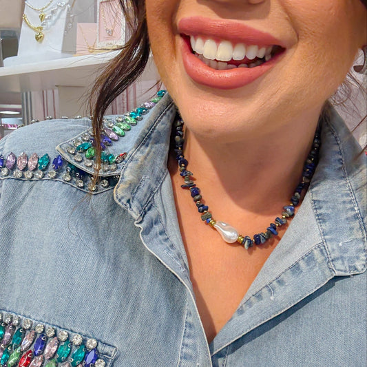Navy blue gemstone chip necklace with small white pearls and gold accents