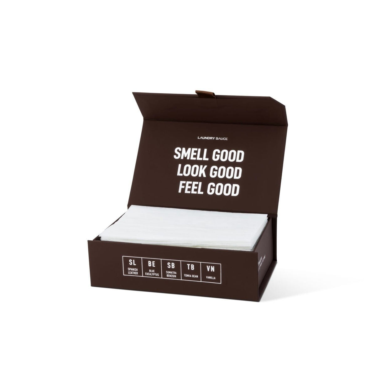 Scented dryer sheets in a brown open box with neatly stacked white sheets