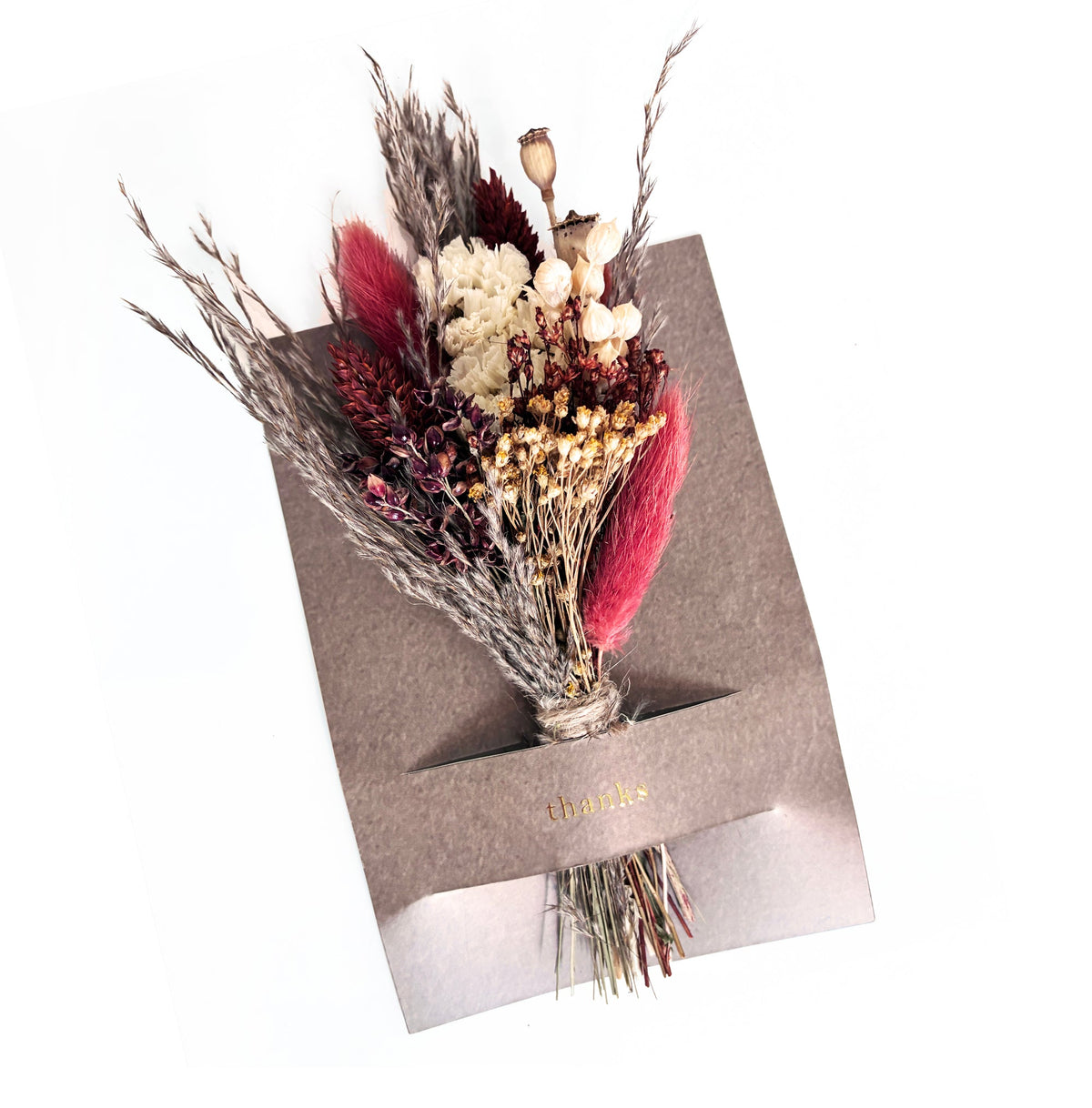 Mini dried floral greeting card with dark kraft design and dried bouquet bouquet with “thanks”