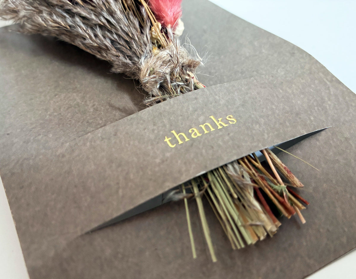 Kraft thanks mini bouquet card with pink feather and dried stems