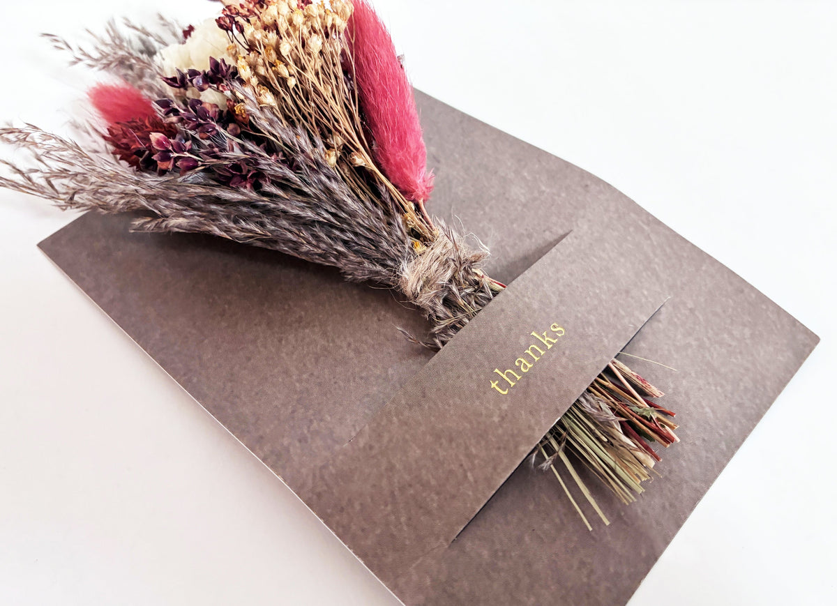 Kraft thank-you mini bouquet card with dried grass and burgundy florals
