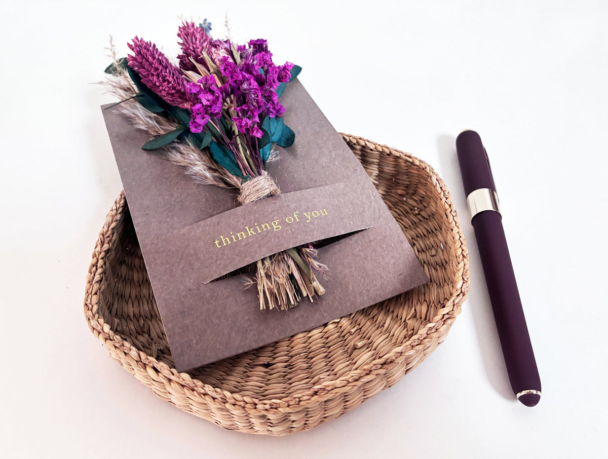 Kraft thinking of you mini bouquet card with purple dried florals and pen