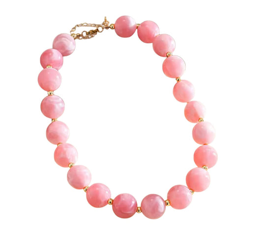 Pink beaded necklace with round rose beads and gold-tone spacers