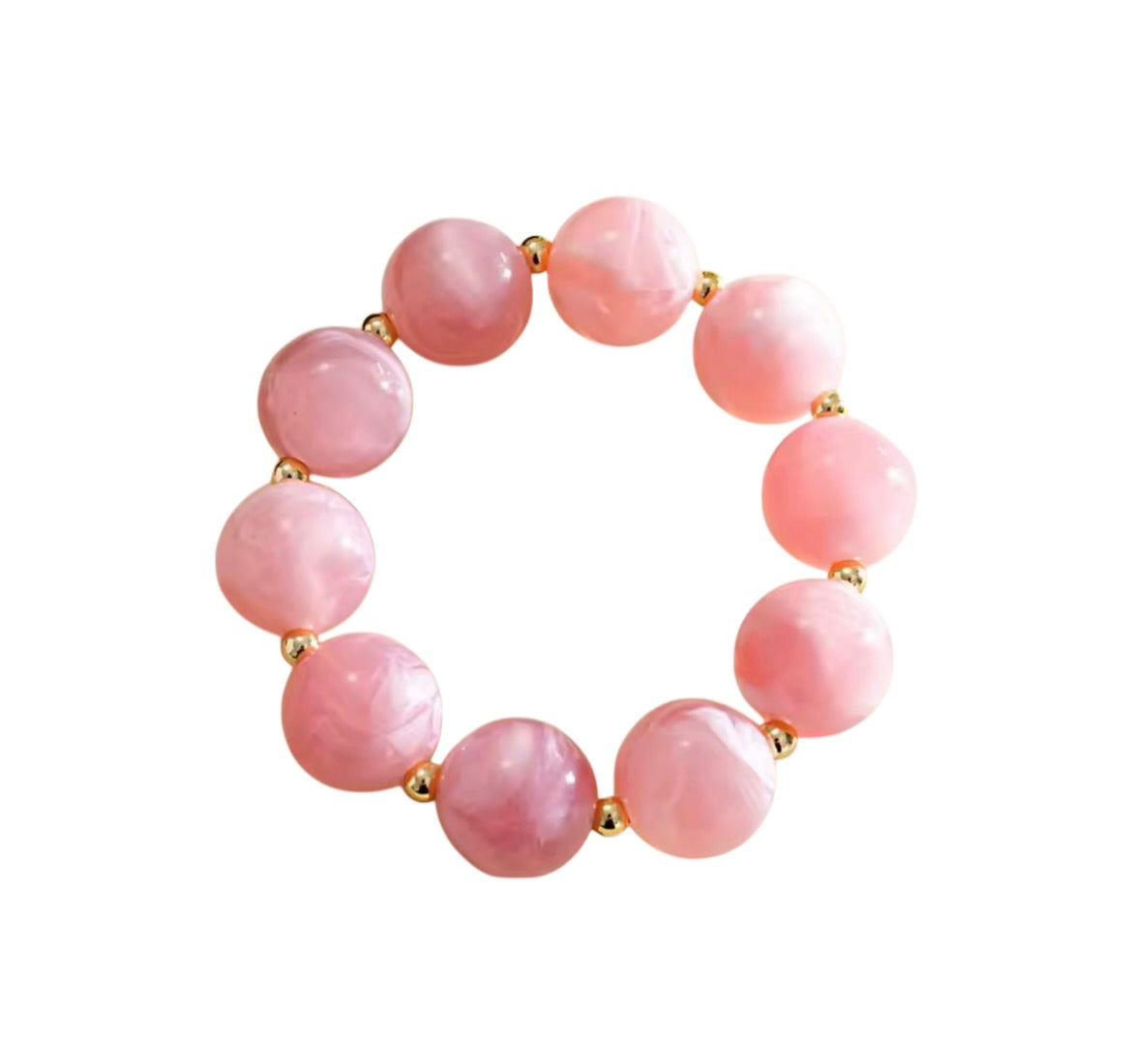 Pink beaded bracelet with gold-tone bead caps and stretchy round stones