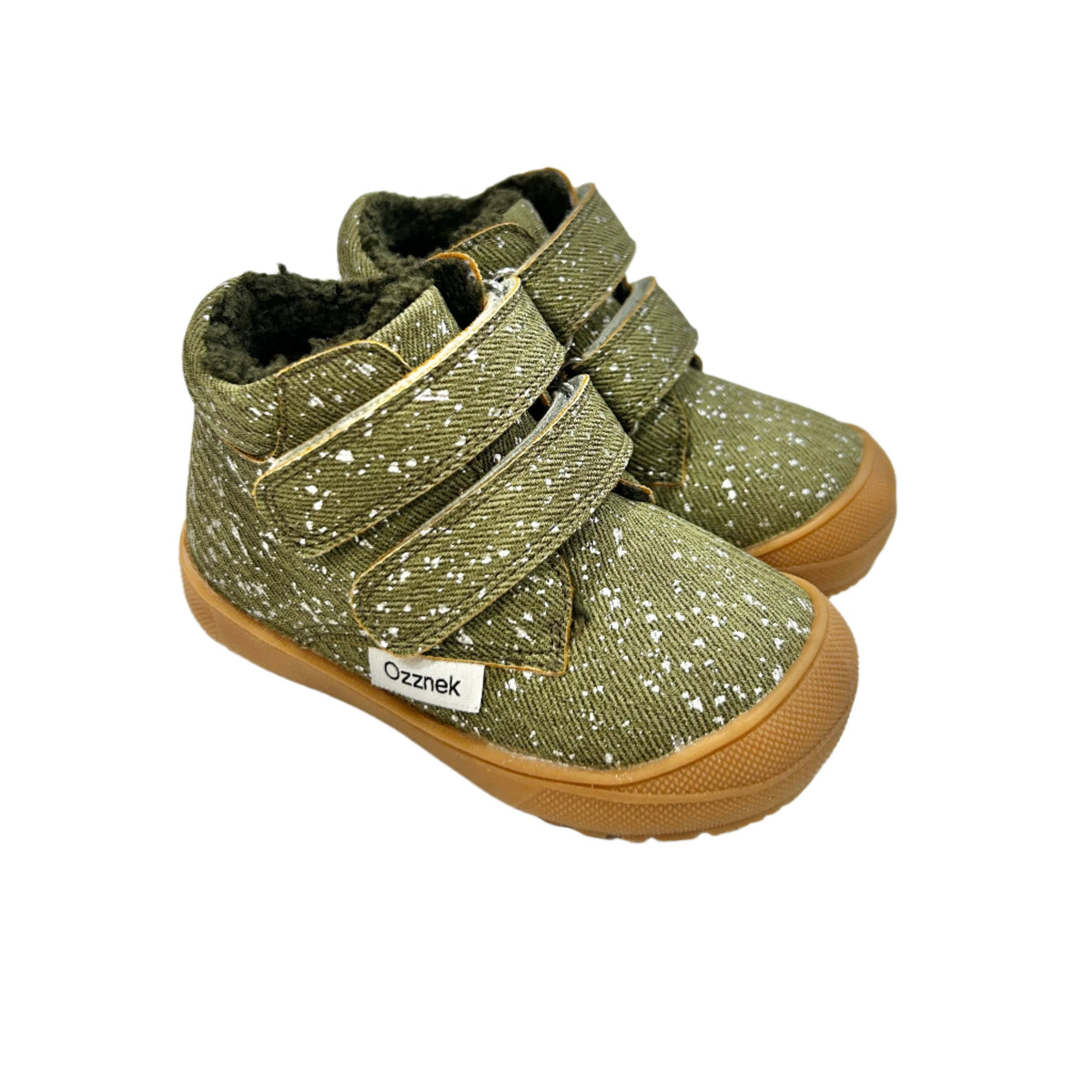 Olive speckled toddler boots with two hook-and-loop straps and sherpa-lined cuff.