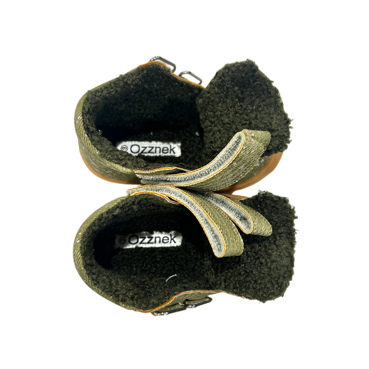 Olive toddler boots showing plush sherpa interior and hook-and-loop straps.
