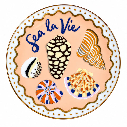 Porcelain mahjong dice dish, round scalloped tray with seashell pattern and Sea La Vie print