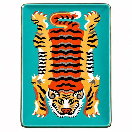 Square teal porcelain mahjong dice dish with colorful tiger graphic