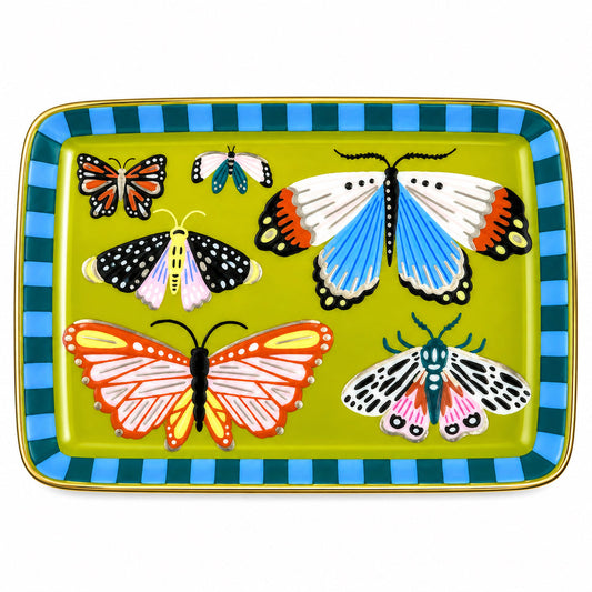 Porcelain dice dish with gold rim, colorful butterflies on green tray