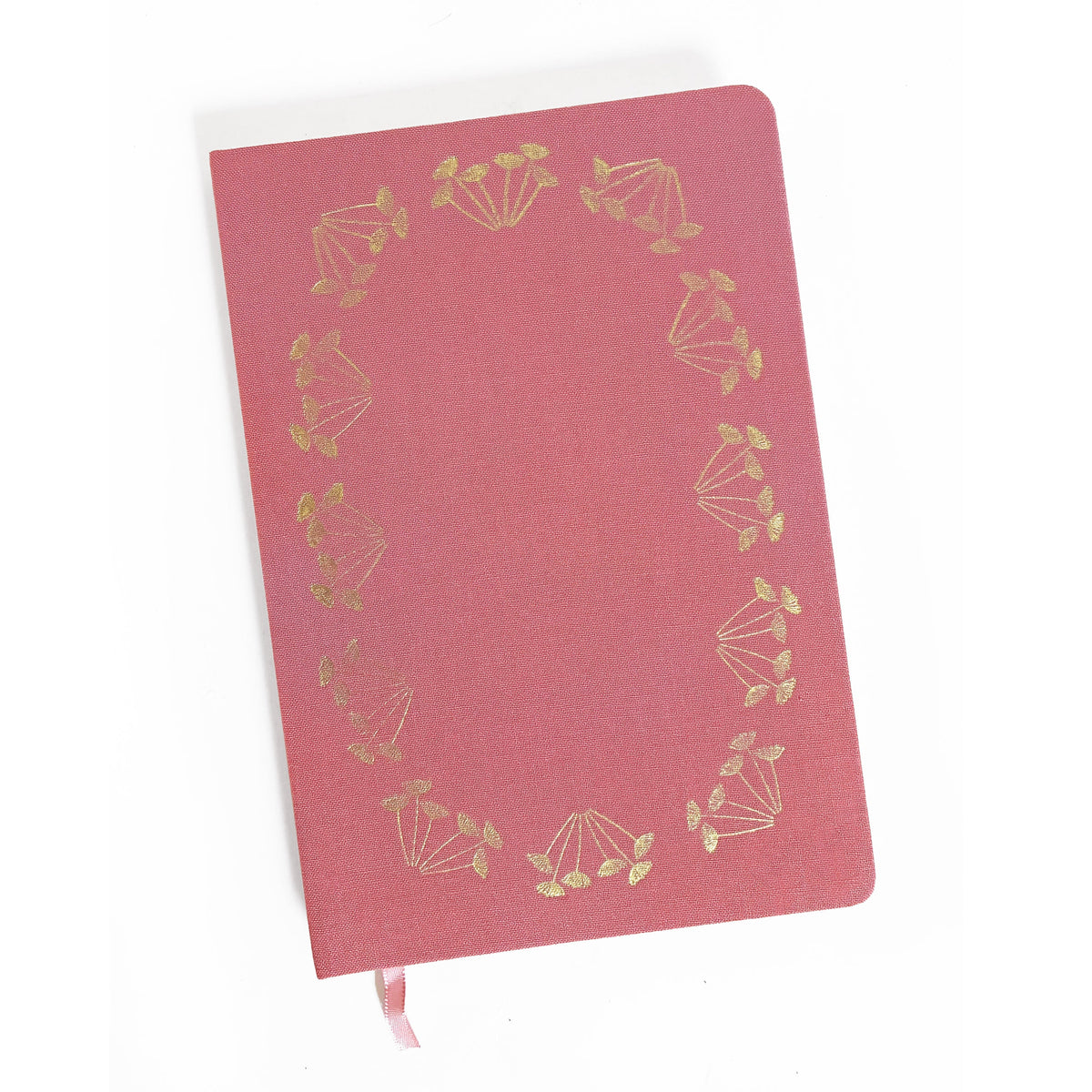 Pink linen-look notebook with gold foil floral wreath on cover
