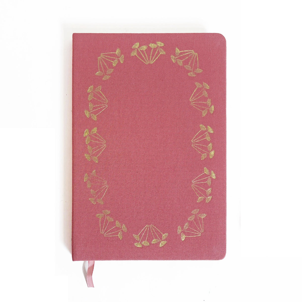 Pink linen-look notebook with gold foil botanical wreath and ribbon tie