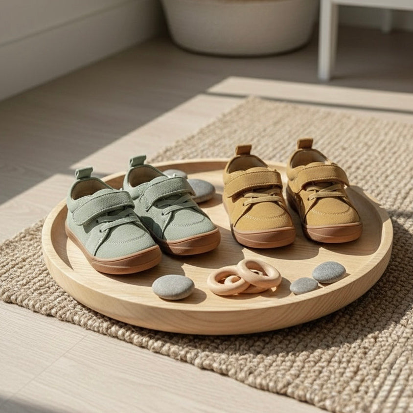 Kids barefoot sneakers set: light green and tan pairs, low-profile design, flexible soles.