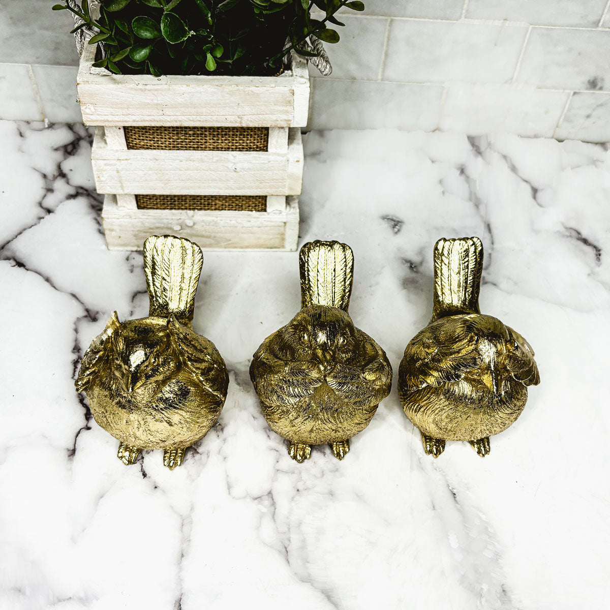 Three golden wise bird figurines displayed on a white stone countertop.
