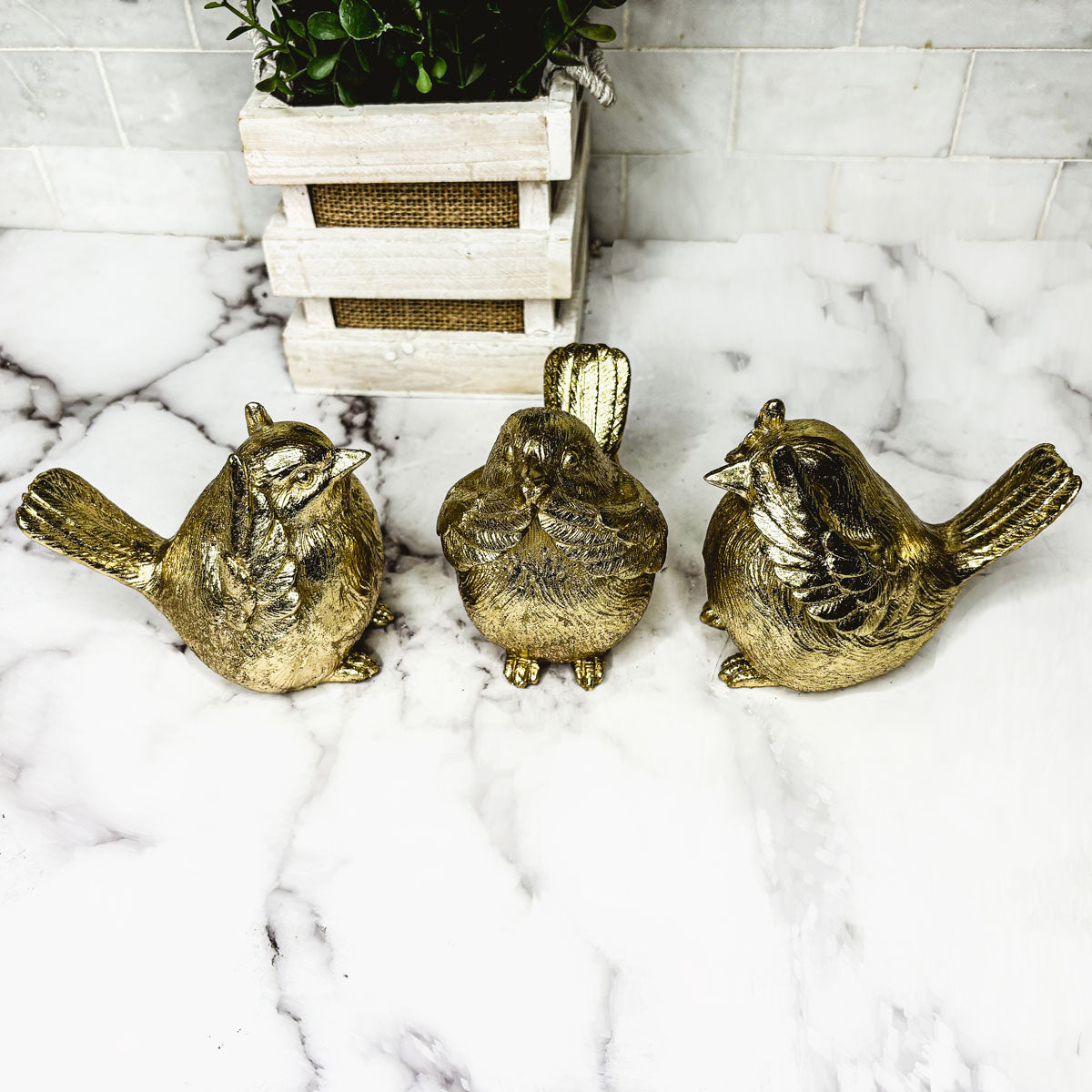 Three golden wise bird figurines posed together on white marble.