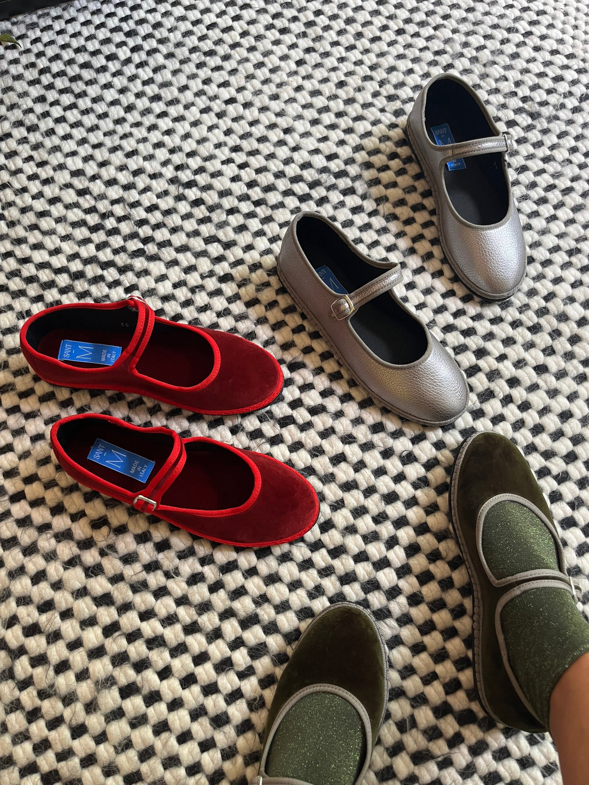 Burgundy Mary Jane flats shown with tan and green color options