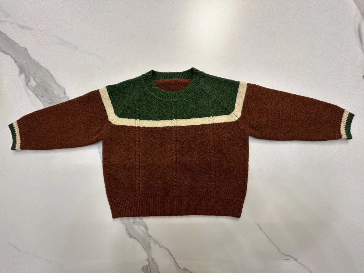 Kids merino wool sweater, brown knit with green shoulders and cream stripe