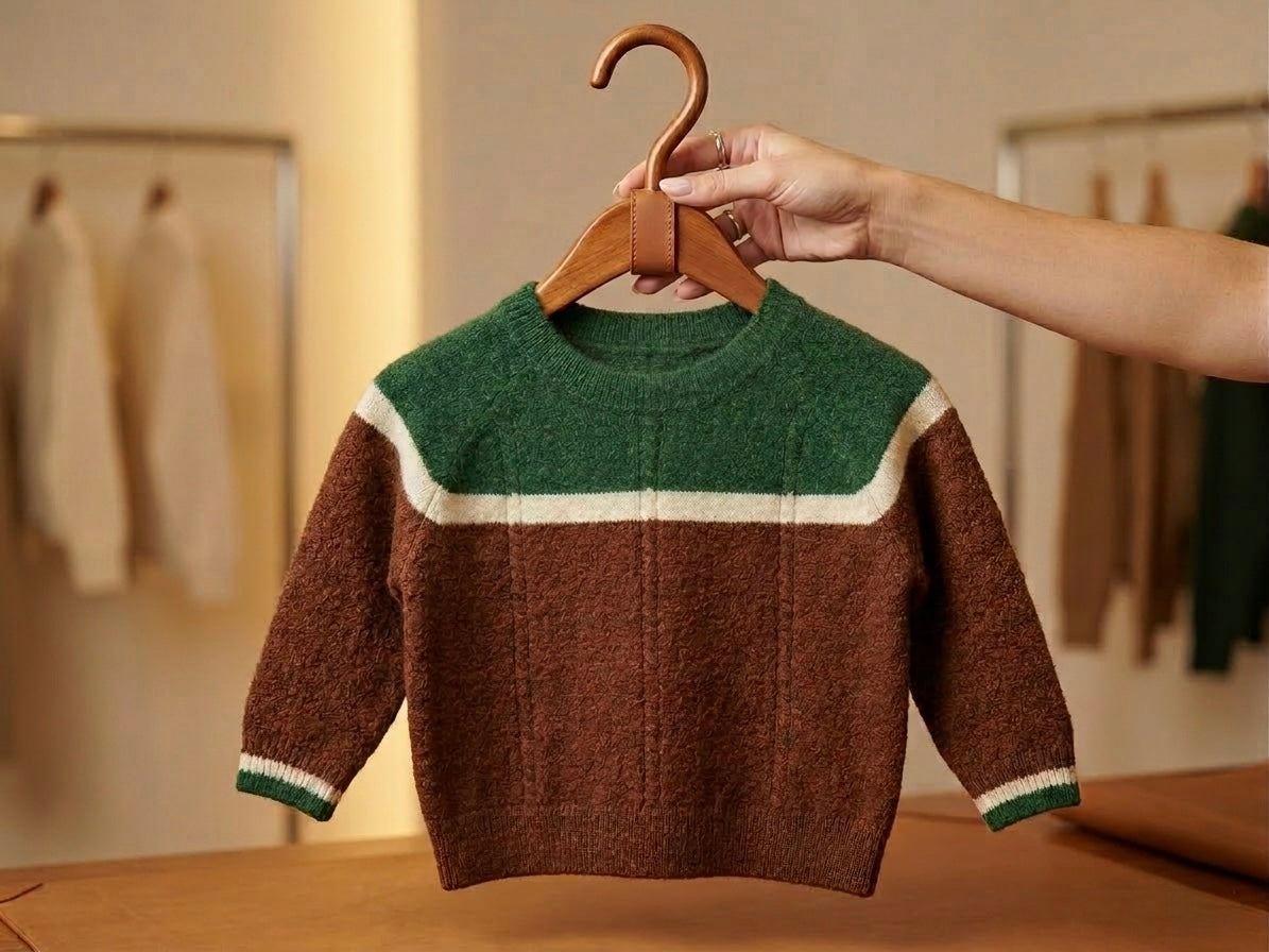 Kids merino wool sweater, brown knit with green crew neck and cream stripe