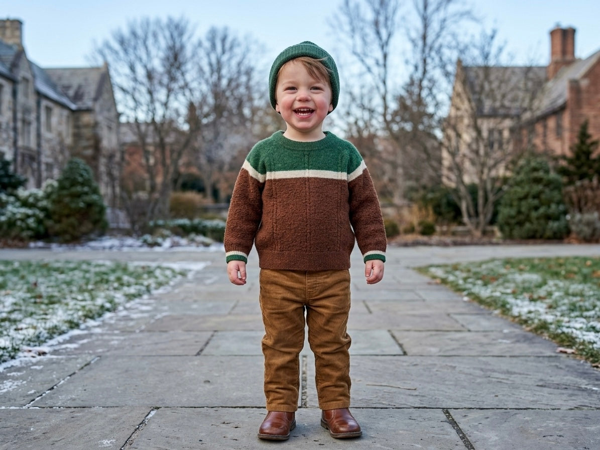Kids merino wool sweater on child, brown knit with green yoke band and cream stripe