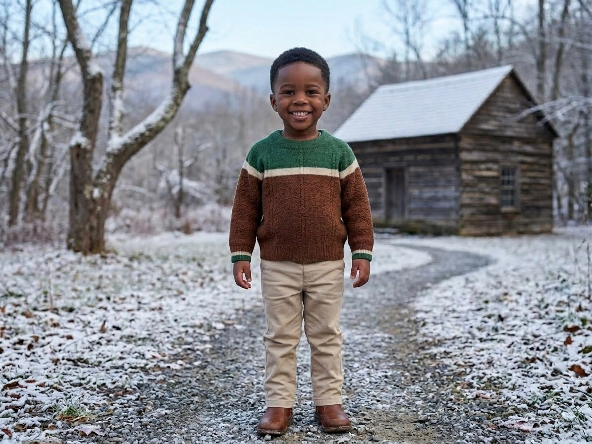 Kids merino wool sweater on child, brown body with green yoke and cream stripe