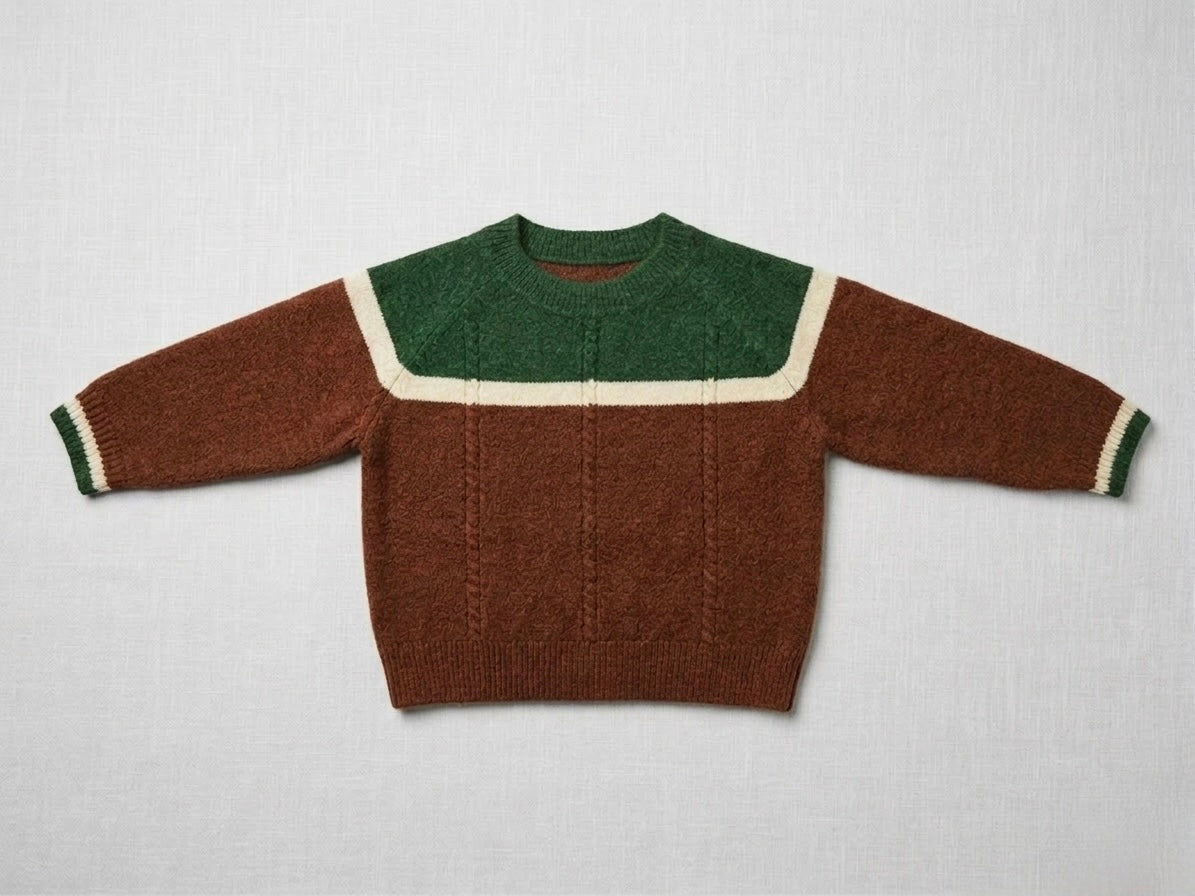 Kids merino wool sweater laid flat, brown knit with green collar and cream stripe