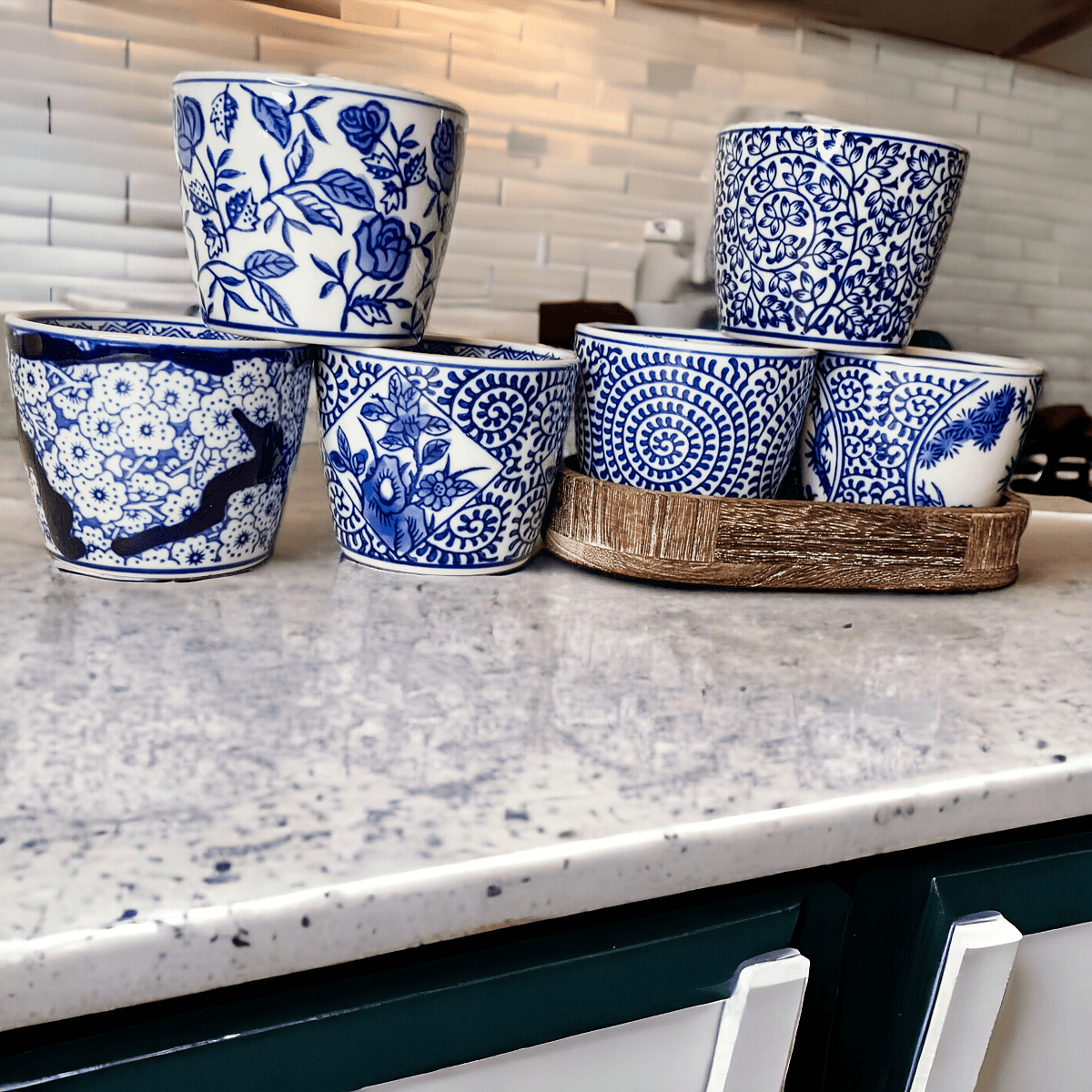 Mini chinoiserie cachepots set of blue-and-white patterned mini ceramic planters on tray
