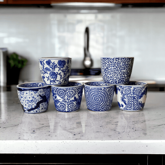 Mini chinoiserie cachepots set of six blue-and-white patterned small ceramic planters