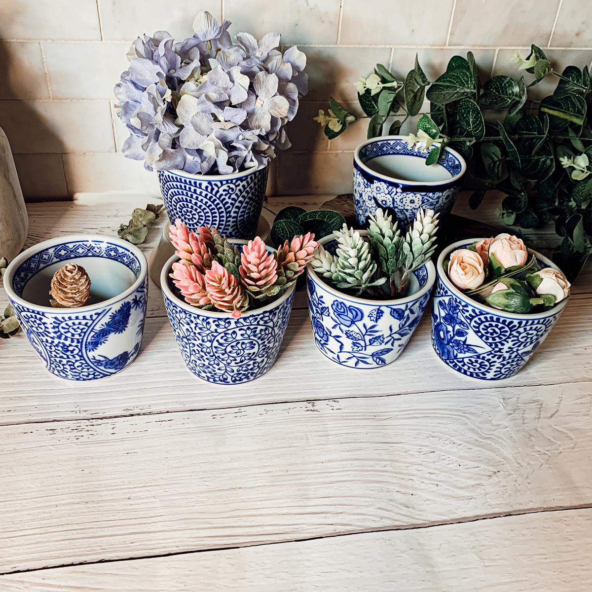 Set of small blue-and-white ceramic cachepots with faux succulent plants