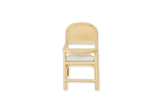 Natural rattan doll high chair with a woven back, tray, seat cushion, and footrest