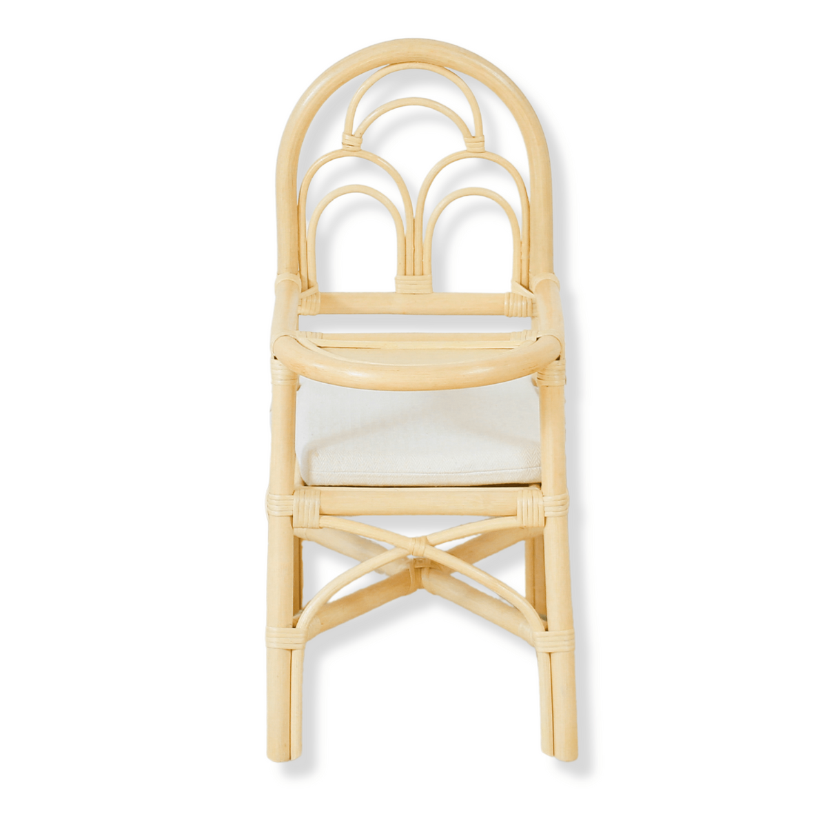 Natural rattan doll high chair with arched back and woven seat