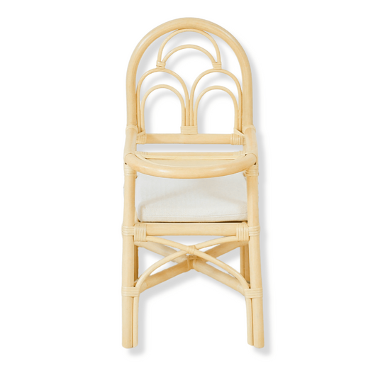 Natural rattan doll high chair with arched back and woven seat