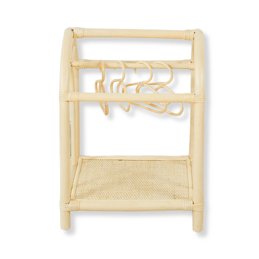 Rattan doll clothes rack with woven shelf and several miniature hangers