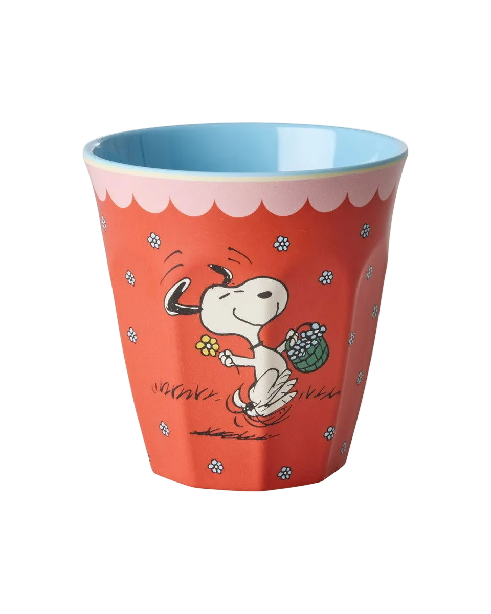 Red melamine cup with Snoopy cartoon and paw-print pattern, blue rim