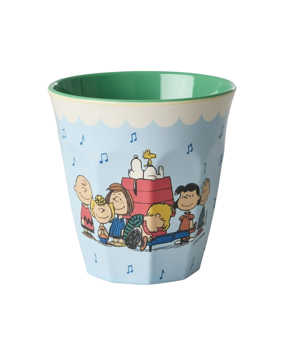 Light blue melamine cup with Snoopy characters and music print, green rim.