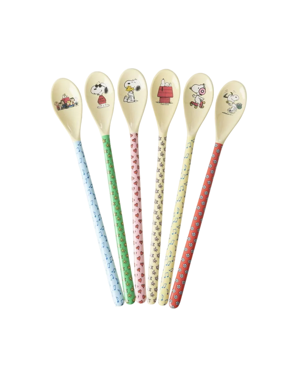 Snoopy melamine latte spoon set of 6 with colorful patterned shafts