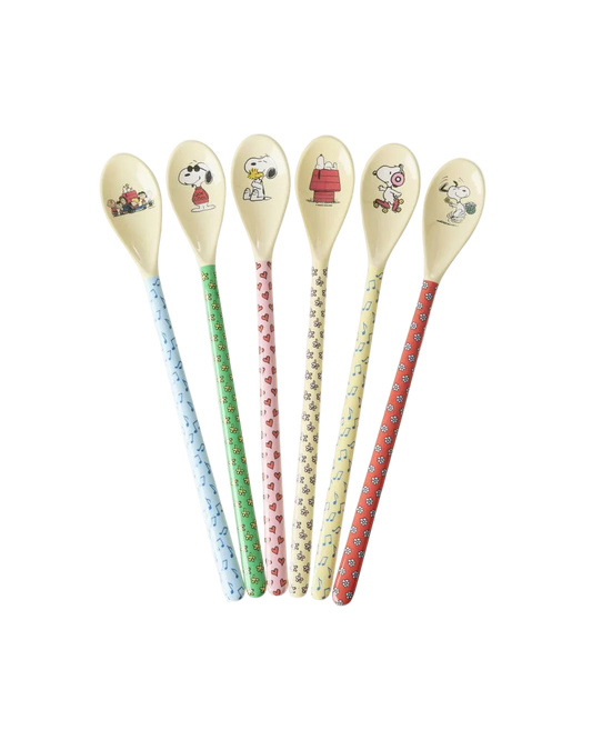 Snoopy melamine latte spoon set of 6 with colorful patterned shafts