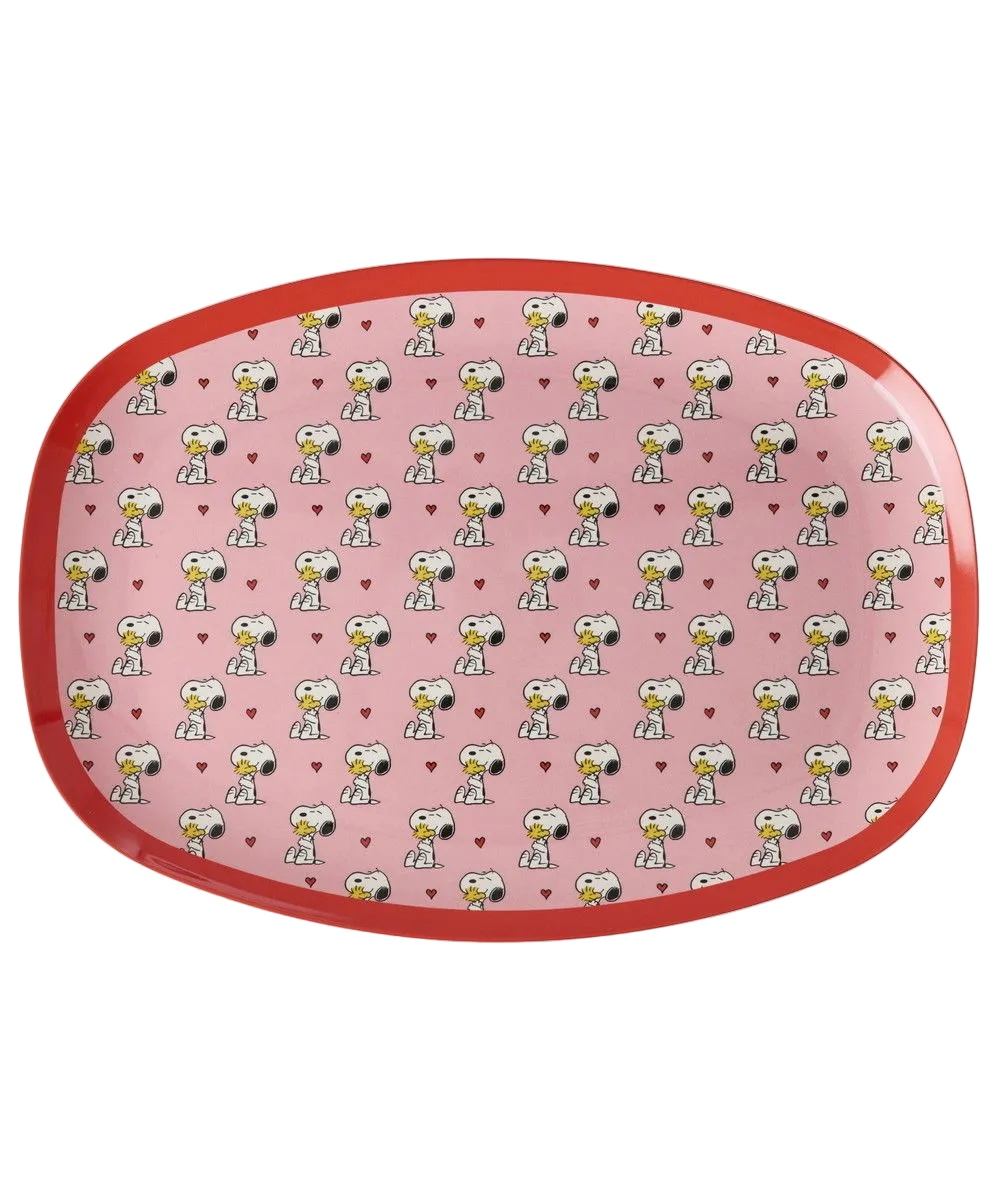 Pink rectangular serving plate with Snoopy character print and rounded edges